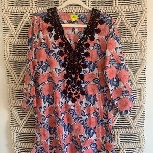 Pink and blue floral dress or beach cover up with navy embroidery.